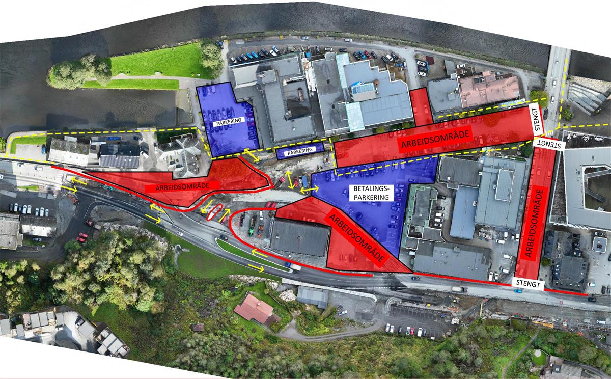 Kart som viser nytt køyremønster frå E39 Fjellvegen og inn til sentrum sør. - Klikk for stort bilete